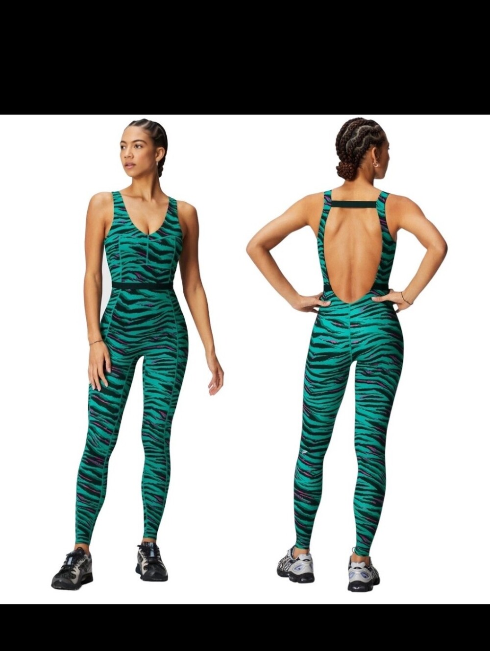 Fabletics Teal Zebra-Print Jumpsuit with Pink Accents